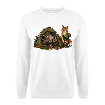 Wildschwein und Fuchs beim Zelten - Unisex Pullover - Weiß - Vorne - Alina (178cm) & Michal (187cm)