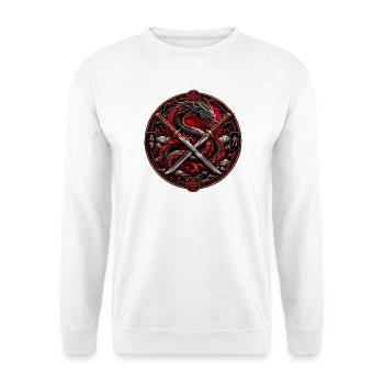 Drache und Kreuzschwerter Emblem - Unisex Pullover - Weiß - Vorne - Alina (178cm) & Michal (187cm)