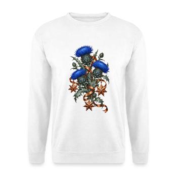 Blaue Disteln mit kupfernen Weihnachtssternen - Unisex Pullover - Weiß - Vorne - Alina (178cm) & Michal (187cm)
