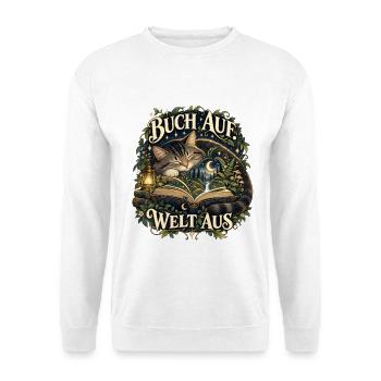 Buch auf. Welt aus. - Unisex Pullover - Weiß - Vorne - Alina (178cm) & Michal (187cm)