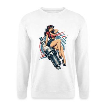 Vintage Hot Rod Pin-Up: Mechanikerin auf Zündkerze - Unisex Pullover - Weiß - Vorne - Alina (178cm) & Michal (187cm)