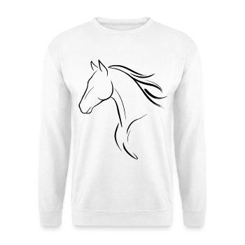 Fließende Mähne – Minimalistische Pferdelinienkunst - Unisex Pullover - Weiß - Vorne - Alina (178cm) & Michal (187cm)