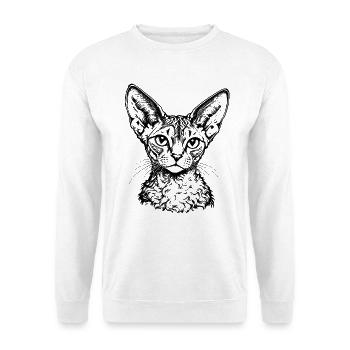 Rexkatze – Schwarz Weiß Katzenporträt - Unisex Pullover - Weiß - Vorne - Alina (178cm) & Michal (187cm)
