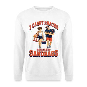 Ich trage Snacks Du trägst Sandsäcke Fitness Renngym - Unisex Pullover - Weiß - Vorne - Alina (178cm) & Michal (187cm)
