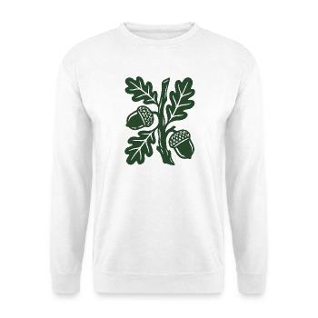 Eichenlaub Holzschnitt Grafik - Unisex Pullover - Weiß - Vorne - Alina (178cm) & Michal (187cm)