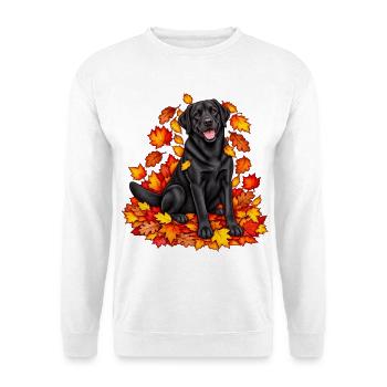 Schwarzer Labrador im Laubzauber - Unisex Pullover - Weiß - Vorne - Alina (178cm) & Michal (187cm)
