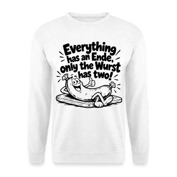 Lustiger Denglisch Spruch Everything has an Ende - Unisex Pullover - Weiß - Vorne - Alina (178cm) & Michal (187cm)