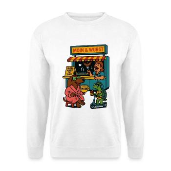 Dackel Imbiss Moin und Wurst - Unisex Pullover - Weiß - Vorne - Alina (178cm) & Michal (187cm)
