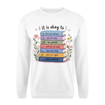 Buchstapel der Selbsthilfe - Unisex Pullover - Weiß - Vorne - Alina (178cm) & Michal (187cm)