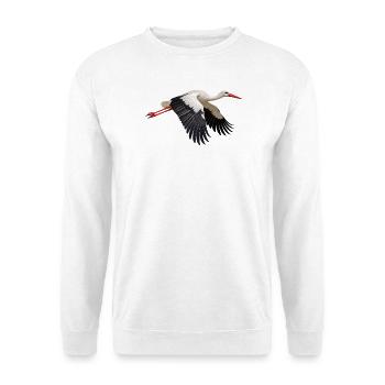Weißstorch im Flug – schwarzweißes Storchenmotiv - Unisex Pullover - Weiß - Vorne - Alina (178cm) & Michal (187cm)