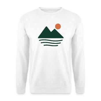 Bergsee im Morgenlicht – geometrisches Naturmotiv - Unisex Pullover - Weiß - Vorne - Alina (178cm) & Michal (187cm)