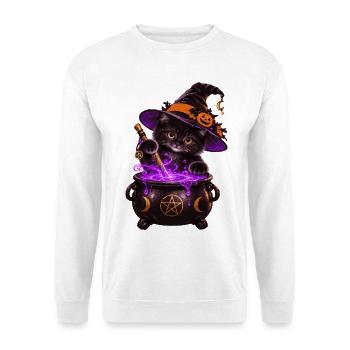 Süße Hexenkatze mit Zauberkessel – Halloween Katze - Unisex Pullover - Weiß - Vorne - Alina (178cm) & Michal (187cm)
