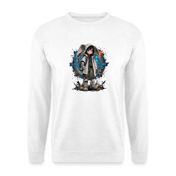 Baby-Cyborg im Cyberpunk-Viertel - Unisex Pullover - Weiß - Vorne - Alina (178cm) & Michal (187cm)