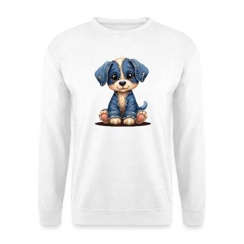 Süßer Welpe im blauen Jeans-Patchwork - Unisex Pullover - Weiß - Vorne - Alina (178cm) & Michal (187cm)