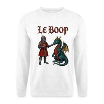 Le Boop – Ritter boopt Drachen | Mittelalter Meme - Unisex Pullover - Weiß - Vorne - Alina (178cm) & Michal (187cm)