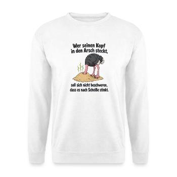 Kopf in Sand steck‘ - Spruch - Unisex Pullover - Weiß - Vorne - Alina (178cm) & Michal (187cm)