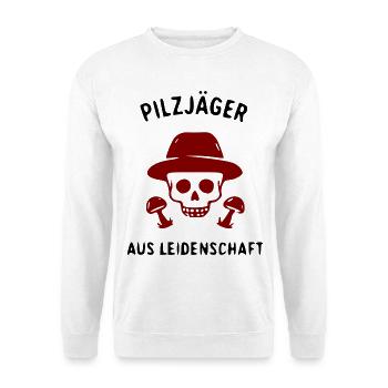 Totenkopf mit Hut und Pilzlogo - Unisex Pullover - Weiß - Vorne - Alina (178cm) & Michal (187cm)
