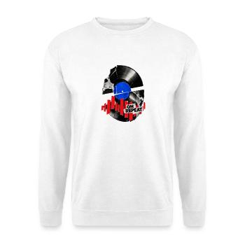 Vinyl Kollage On Repeat - Unisex Pullover - Weiß - Vorne - Alina (178cm) & Michal (187cm)