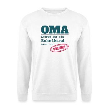 Oma 2027 – Antrag auf Enkelkind genehmigt - Unisex Pullover - Weiß - Vorne - Alina (178cm) & Michal (187cm)