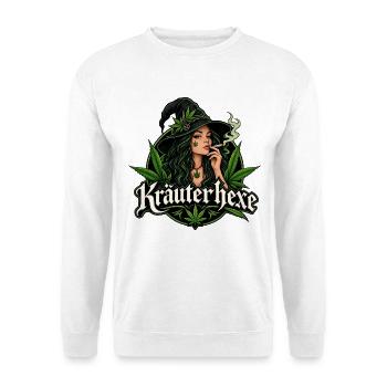 Rauchende Kräuterhexe Hanfblatt - Unisex Pullover - Weiß - Vorne - Alina (178cm) & Michal (187cm)