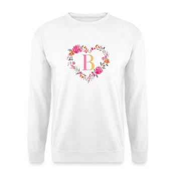 B Monogramm Blumen Herz personalisierbar - Unisex Pullover - Weiß - Vorne - Alina (178cm) & Michal (187cm)