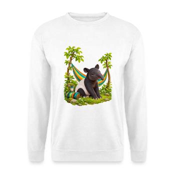 Kleiner Tapir am bunten Hängemattenlager - Unisex Pullover - Weiß - Vorne - Alina (178cm) & Michal (187cm)