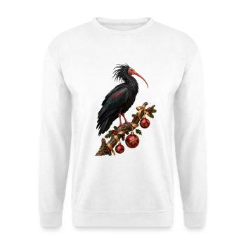 Waldrapp mit rubinroten Weihnachtskugeln - Unisex Pullover - Weiß - Vorne - Alina (178cm) & Michal (187cm)