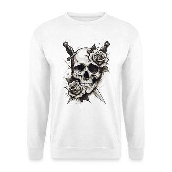 Dunkler Schädel mit Rosen Gothic Tattoo Stil - Unisex Pullover - Weiß - Vorne - Alina (178cm) & Michal (187cm)
