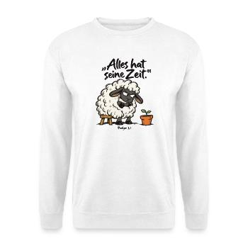 Alles hat seine Zeit Schaf christlich Geduld Bibel - Unisex Pullover - Weiß - Vorne - Alina (178cm) & Michal (187cm)