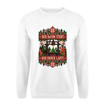 Der Baum steht. Der Druck läuft. - Unisex Pullover - Weiß - Vorne - Alina (178cm) & Michal (187cm)