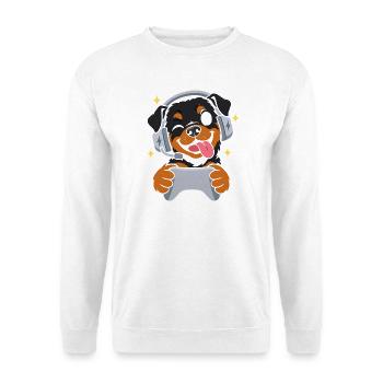 Gaming Rottweiler mit Headset und Controller - Unisex Pullover - Weiß - Vorne - Alina (178cm) & Michal (187cm)