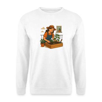 Geschenk fürs erste Balkon-Hochbeet - Unisex Pullover - Weiß - Vorne - Alina (178cm) & Michal (187cm)