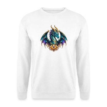 Lotusdrache – Türkiser Fantasy-Drache in Gold - Unisex Pullover - Weiß - Vorne - Alina (178cm) & Michal (187cm)