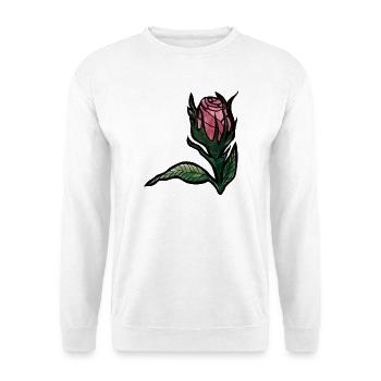 Rosenblüte auf Mitternachtsschwarz - Unisex Pullover - Weiß - Vorne - Alina (178cm) & Michal (187cm)