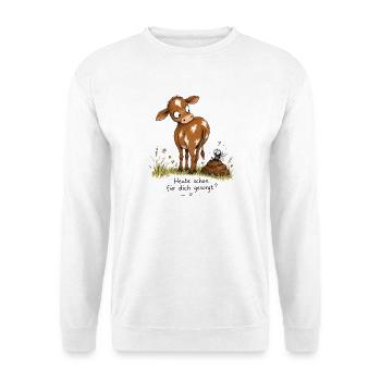 Kuh, Fliege, Kacke - Heute schon für Dich gesorgt? - Unisex Pullover - Weiß - Vorne - Alina (178cm) & Michal (187cm)