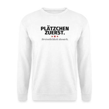 Plätzchen zuerst Besinnlichkeit danach - Unisex Pullover - Weiß - Vorne - Alina (178cm) & Michal (187cm)