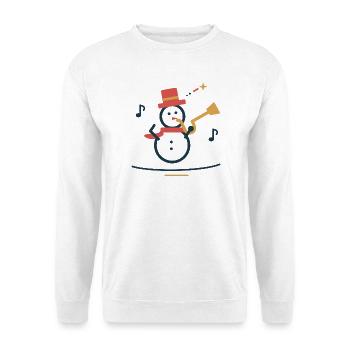Schneemann spielt Winterjazz – Weihnachten - Unisex Pullover - Weiß - Vorne - Alina (178cm) & Michal (187cm)