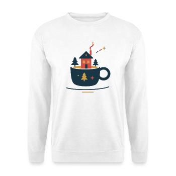 Waldhütte im Kakaobecher – gemütlicher Winter - Unisex Pullover - Weiß - Vorne - Alina (178cm) & Michal (187cm)