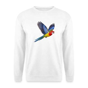Prachtrosella im Flug – Sittich in bunten Farben - Unisex Pullover - Weiß - Vorne - Alina (178cm) & Michal (187cm)