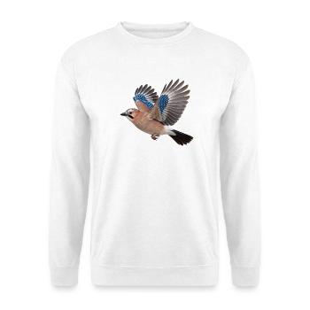 Eichelhäher im Flug – Waldvogel mit blauen Federn - Unisex Pullover - Weiß - Vorne - Alina (178cm) & Michal (187cm)