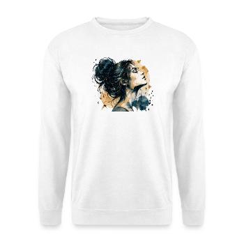 Frauenporträt in Blau und Gold – Aquarell - Unisex Pullover - Weiß - Vorne - Alina (178cm) & Michal (187cm)