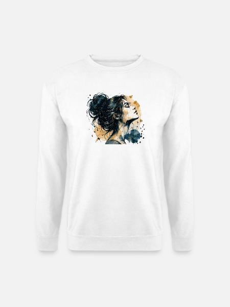 Frauenporträt in Blau und Gold – Aquarell - Unisex Pullover - Weiß