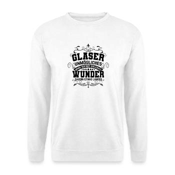 Glaser Sprüche Unmögliches wird sofort erledigt - Unisex Pullover - Weiß - Vorne - Alina (178cm) & Michal (187cm)