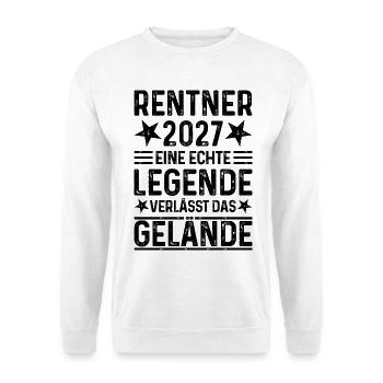 Rentner 2027 Eine Legende verlässt das Gelände - Unisex Pullover - Weiß - Vorne - Alina (178cm) & Michal (187cm)