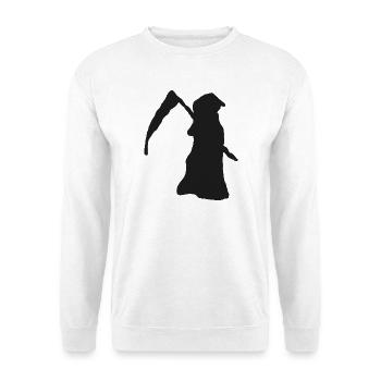 Weiblicher Tod mit Sense – schwarze Silhouette - Unisex Pullover - Weiß - Vorne - Alina (178cm) & Michal (187cm)