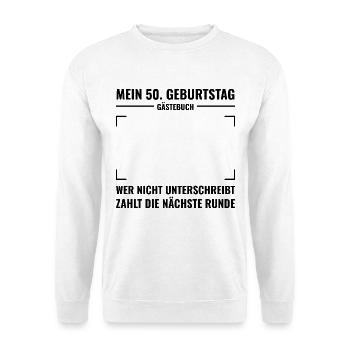 Gästebuch 50. Geburtstag zum Unterschreiben - Unisex Pullover - Weiß - Vorne - Alina (178cm) & Michal (187cm)