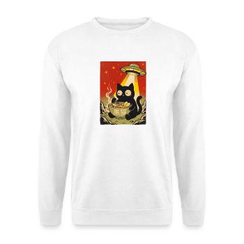 Schwarze Katze Ramen UFO Retro - Unisex Pullover - Weiß - Vorne - Alina (178cm) & Michal (187cm)