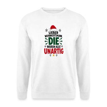 Alle unartig – Lustiger Weihnachtsspruch - Unisex Pullover - Weiß - Vorne - Alina (178cm) & Michal (187cm)