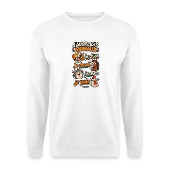 Ich liebe Tiere – ich hunde, ich reite Pferde, ich kätze - Unisex Pullover - Weiß - Vorne - Alina (178cm) & Michal (187cm)