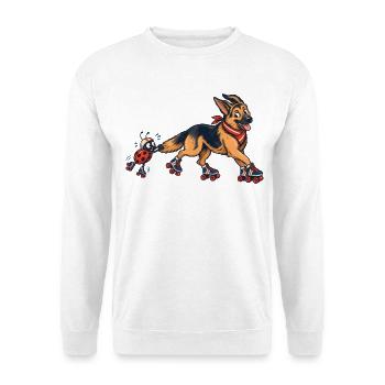 Schäferhund und Marienkäfer auf Rollschuhen - Unisex Pullover - Weiß - Vorne - Alina (178cm) & Michal (187cm)